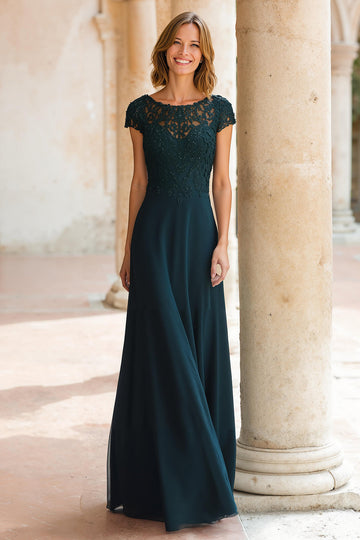 Robe longue mère de la mariée en mousseline de soie à col rond vert paon avec manches